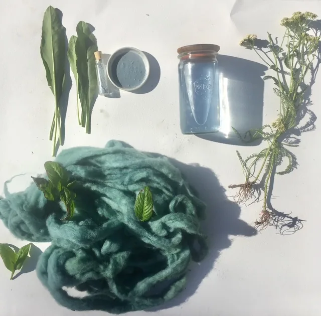 A dye study — teal plant-dyed wool, a jar of woad-blue dye, fresh leaves and yarrow on white