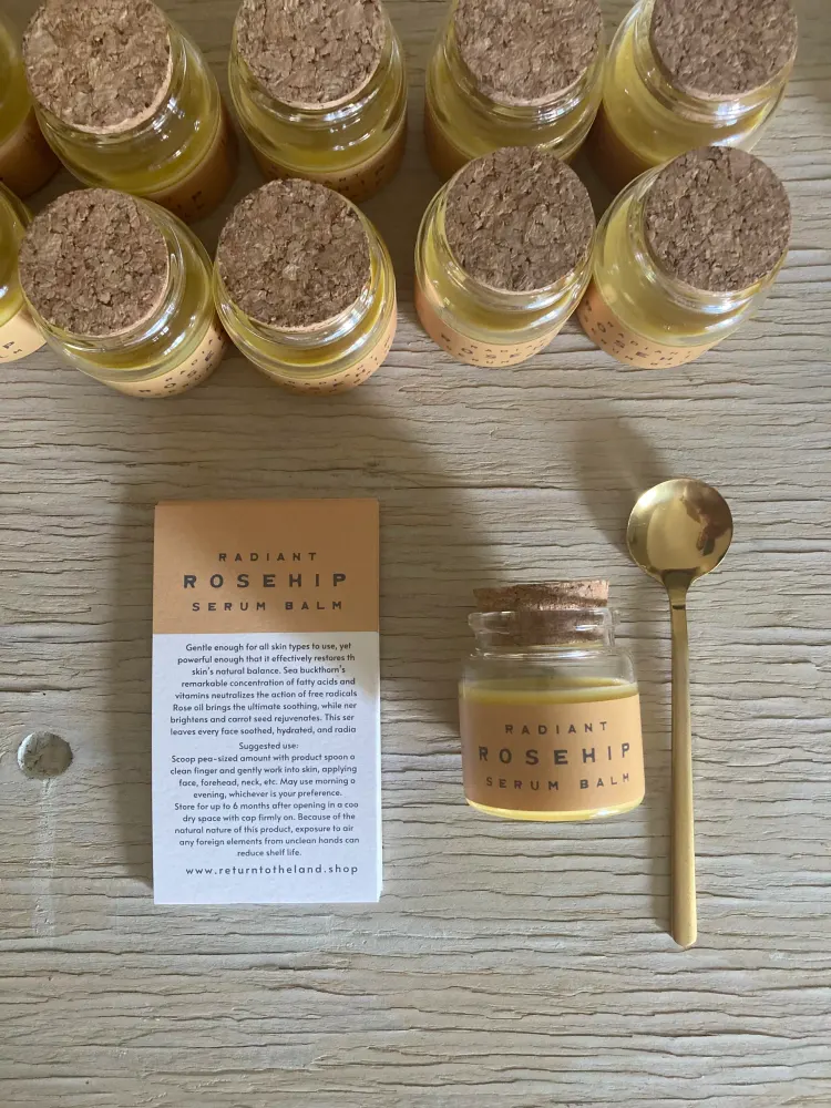 Calming Comfrey serum balms with their ingredient card